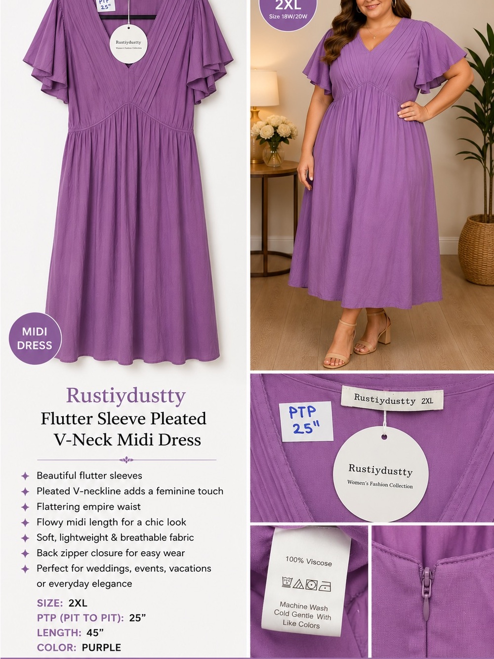 Rustydustty Purple Flutter Sleeve Pleated V‑Neck Midi Dress